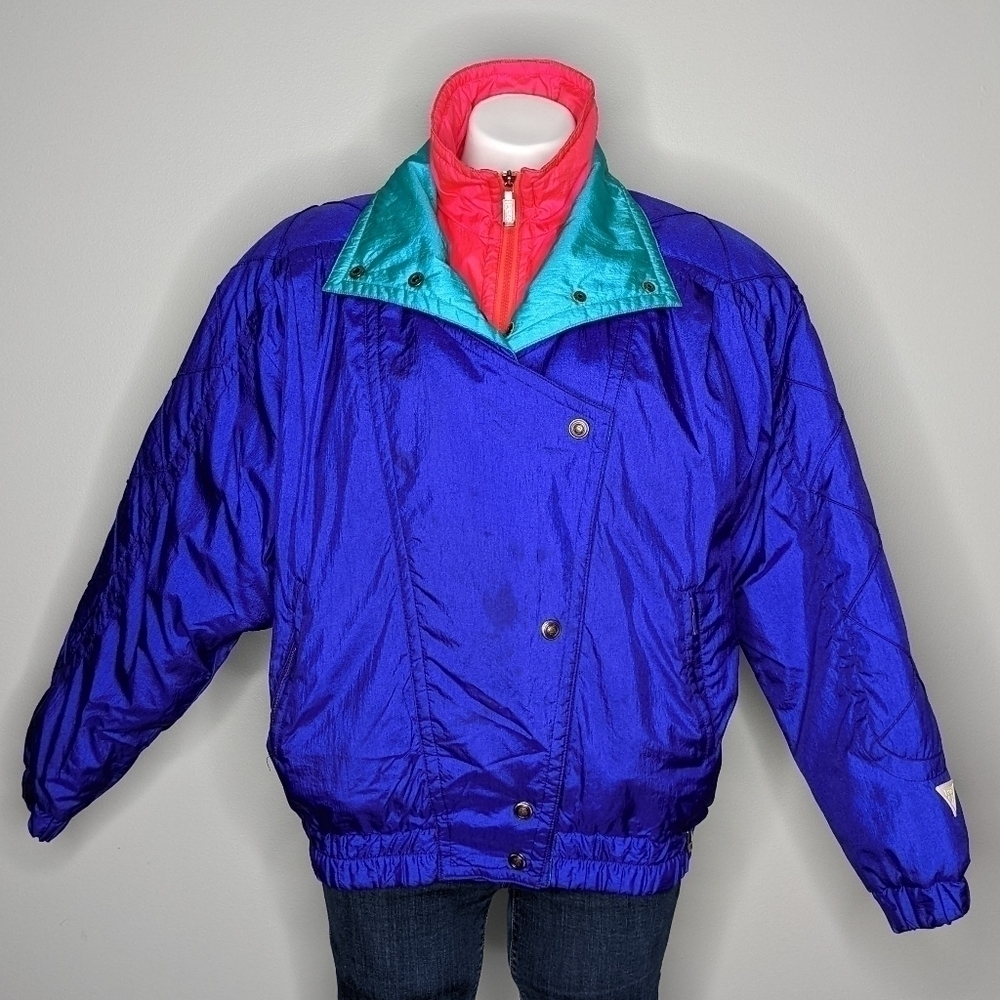 Vintage Fera Ski Wear blue pink zip & button down filled winter coat 8